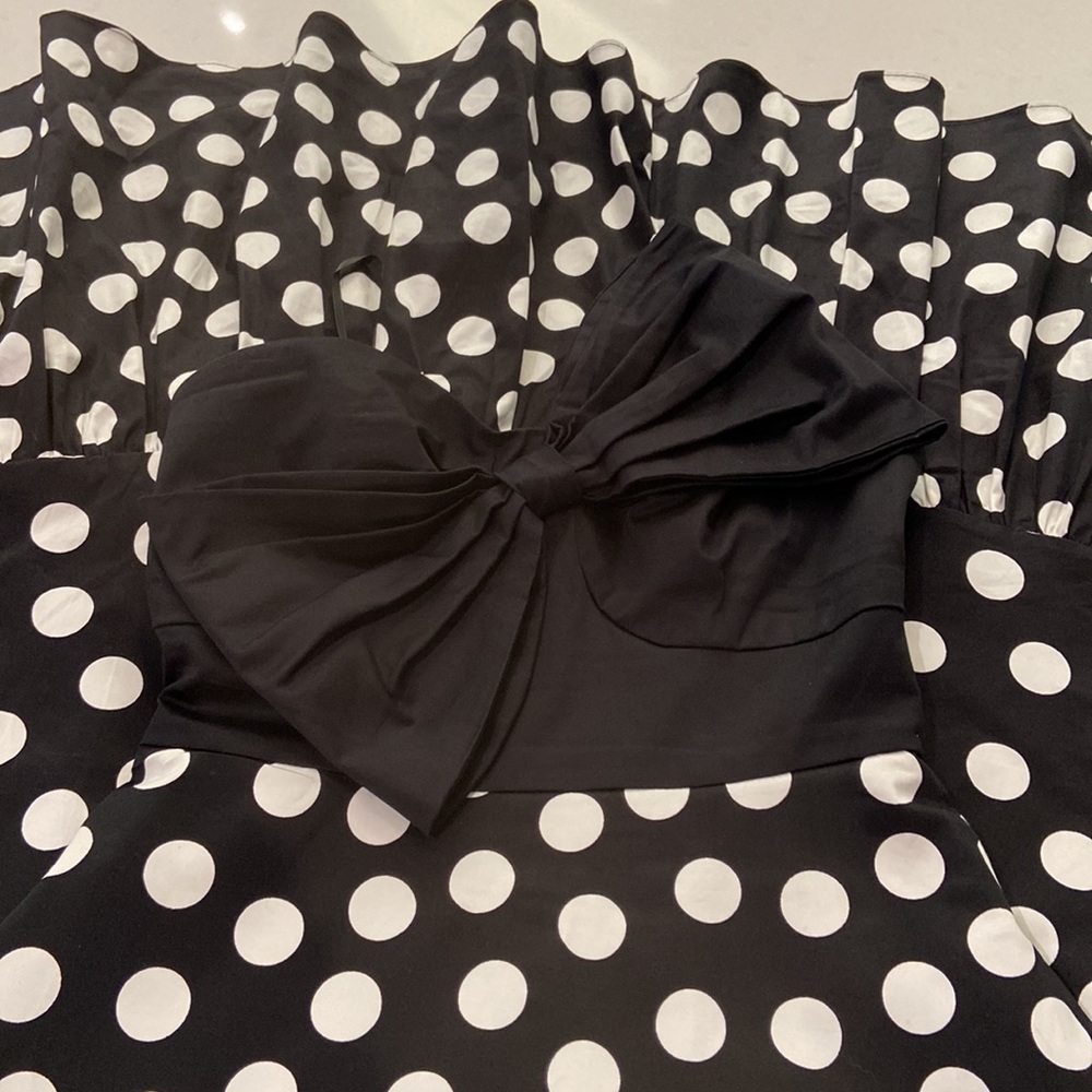 Anthropologie Black and White Polka Dot Strapless Midi Dress - Picture 2 of 6